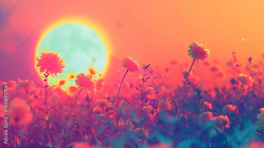 Surreal Sunset Meadow with Vivid Colors