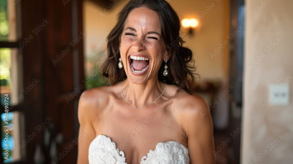 Happy woman in wedding dress is joyfully laughing in this candid moment Happy woman in wedding dress is joyfully laughing in this candid moment