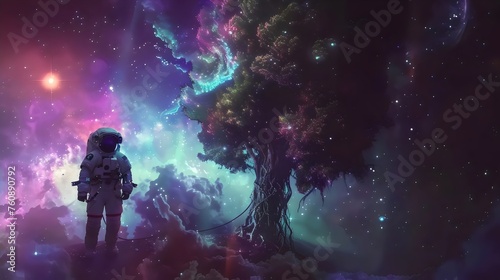 Astronaut Encountering a Cosmic Tree in a Nebula © FEROHORA