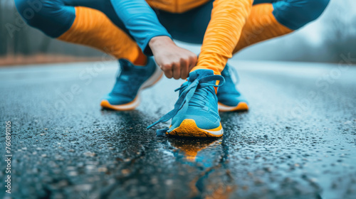 A runner secures the laces of their vibrant blue sneakers on a damp asphalt road  reflective from recent rain