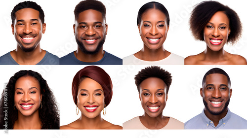 Composite portrait of headshots of different smiling persons from all genders and age, on a withe flat background  photo