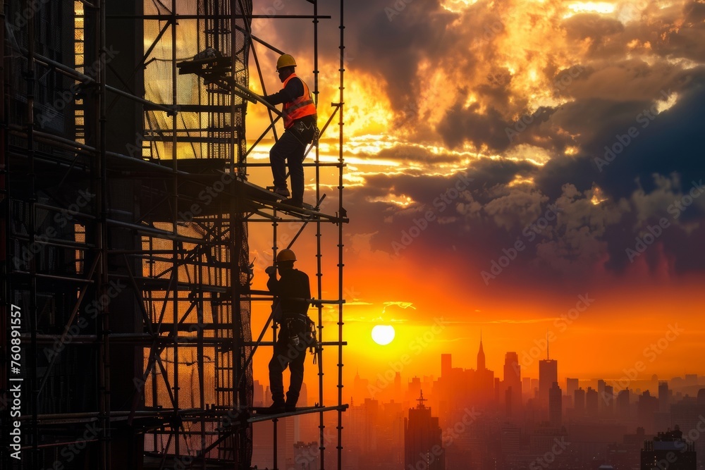 workers installers at sunset construction