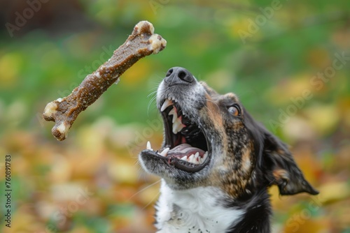 dog with an open mouth catches a bone in the air while jumping in the park.