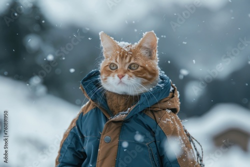cat wearing trendy winter clothes in the snow, winter mountains falling snow nature bokeh