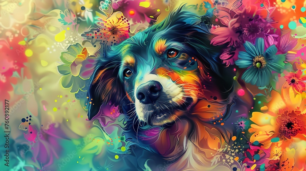 desktop background inspired of a dog made out from rainbow pattern with surrounded colours flowers