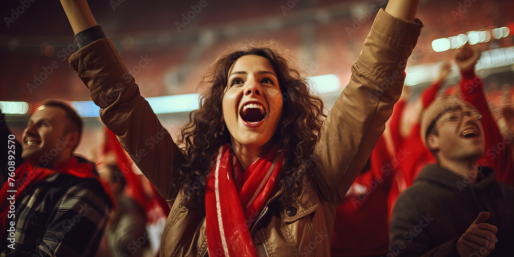 Obraz premium A portrait of the young beautiful woman football fan in the football match in soccer stadium.