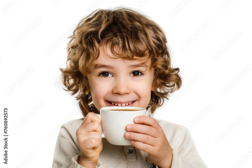 Portrait of a cute kid drinking coffee isolated on a white background Portrait of a cute kid drinking coffee isolated on a white background