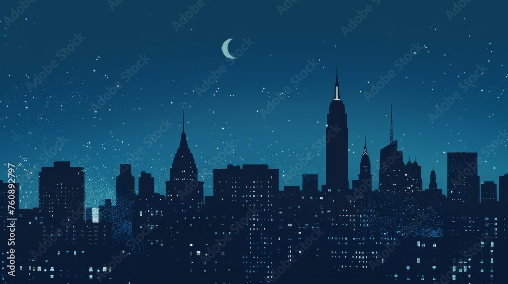 A captivating cityscape at night under a star-filled sky with a crescent moon, illustrating urban beauty and nighttime tranquility.