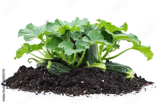 Zucchini bush grow from fertile soil isolated on white background