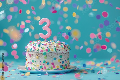 Close up Birthday cake with number 3 on top with faling confetti and sparcles bokeh isolated on solid color background