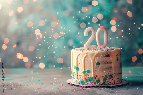 Close up Birthday cake with number 20 on top with faling confetti and sparcles bokeh isolated on solid color background photo