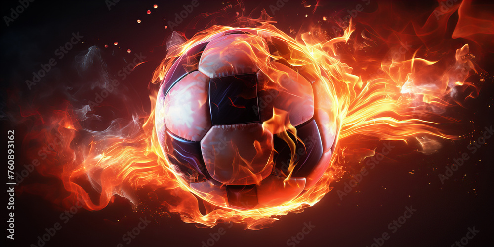 Fototapeta premium A close up of the soccer ball in the flame of fire .