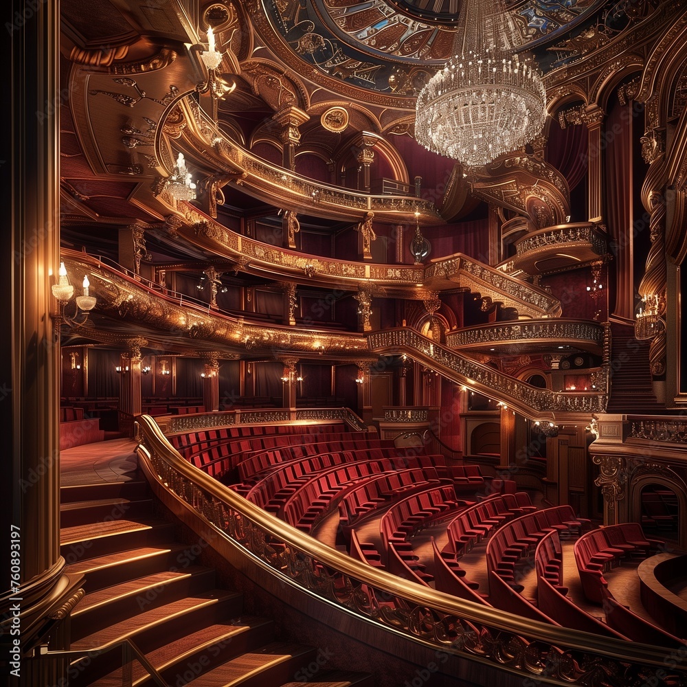 Obraz premium A grand opera house with a sweeping staircase, crystal chandeliers, and velvet seats.