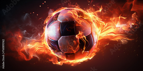 A close up of the soccer ball in the flame of fire .