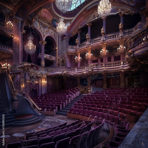 A grand opera house with a sweeping staircase, crystal chandeliers, and velvet seats.