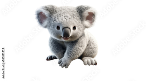 A fluffy stuffed koala bear peacefully sits on a clean white surface © FMSTUDIO