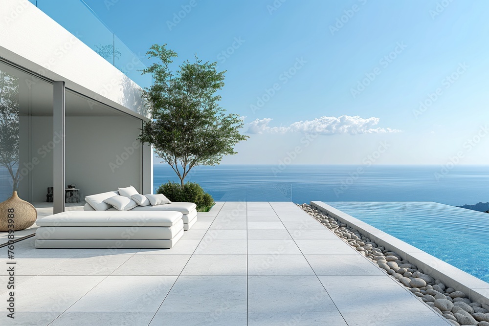 Sleek modern villa terrace with infinity pool and sea view, perfect for a serene getaway