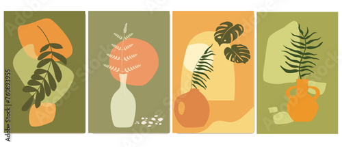Set of abstract posters with branches, tropical leaves, freeform, natural simple design. Vector graphics. © Ирина Горбунова