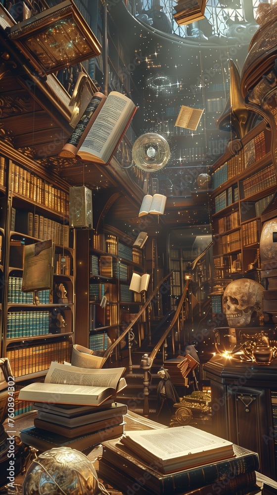 A magical library with floating books and enchanted artifacts.