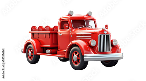 A vibrant red fire truck stands boldly on a stark white background