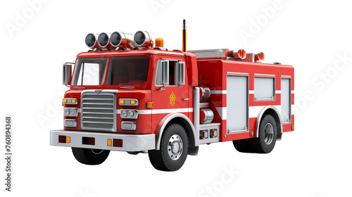A vibrant red fire truck stands brightly against a clean white background