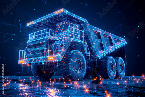 A striking silhouette logo of a dump truck in wireframe style, set against a blue background, perfect for construction and transportation branding