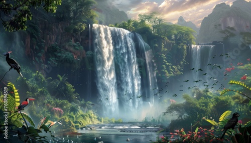 A majestic waterfall in a tropical rainforest with exotic birds and plants.