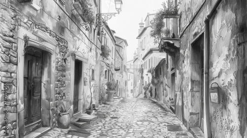 A detailed pencil drawing capturing a charming street in an old town  featuring historical buildings  cobblestone roads  quaint shops  and vintage lanterns. Banner. Copy space