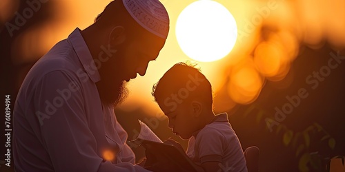 A tender moment of a bearded father and child reading during Ramadan, silhouetted against glowing moonlight 🌙✨ #FamilyBonds photo