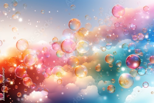 Colorful seamless rainbow bubbles pattern on sky background for design and decoration