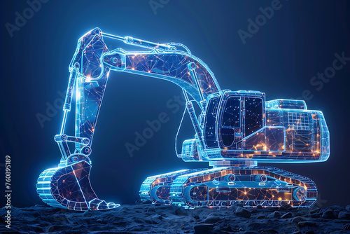 A bold silhouette logo of an excavator truck in wireframe style, set against a blue background, perfect for construction and heavy machinery branding