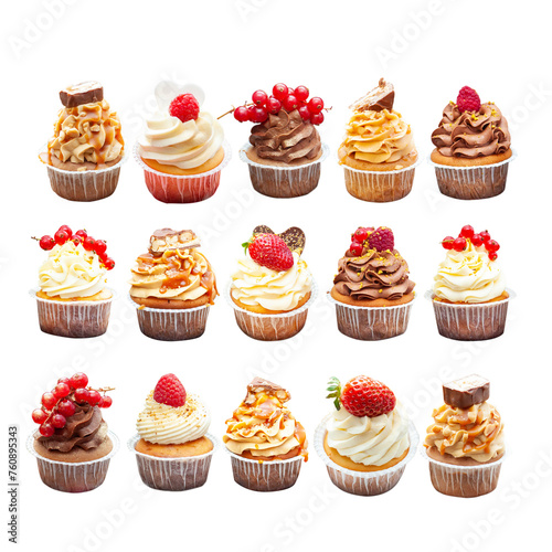Assorted beautiful vanilla cupcakes with fresh raspberry  strawberry  red currand on wooden background