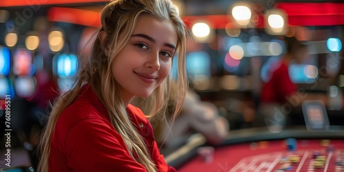 A young female dealer shuffles playing cards in a casino setting . Concept Casino, Playing Cards, Gambling, Young Female, Dealer