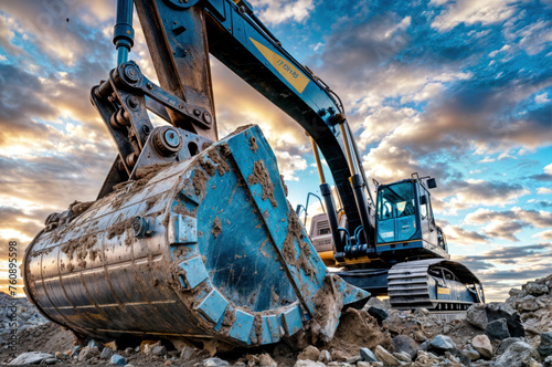 Excavator bucket. An insight into the robust machinery utilized for heavy industry and construction projects, showcased against a stunning dramatic sky background