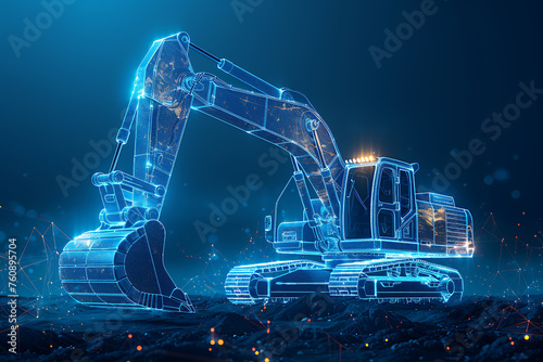 A bold silhouette logo of an excavator truck in wireframe style  set against a blue background  perfect for construction and heavy machinery branding