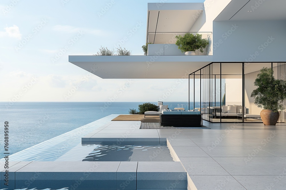 Fototapeta premium Minimalist luxury villa balcony overlooking the ocean for a tranquil retreat