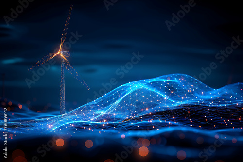 A sleek silhouette logo of wind turbines in wireframe style against a blue background, symbolizing renewable energy and environmental sustainability