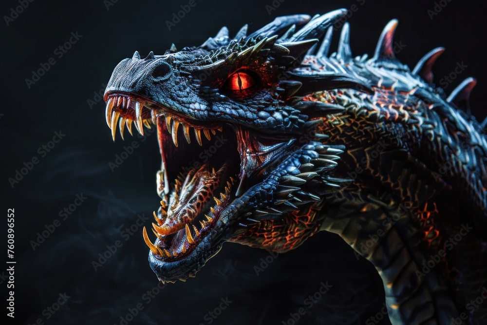 Angry dragon with open mouth with red eyes on a black background Angry dragon with open mouth with red eyes on a black background