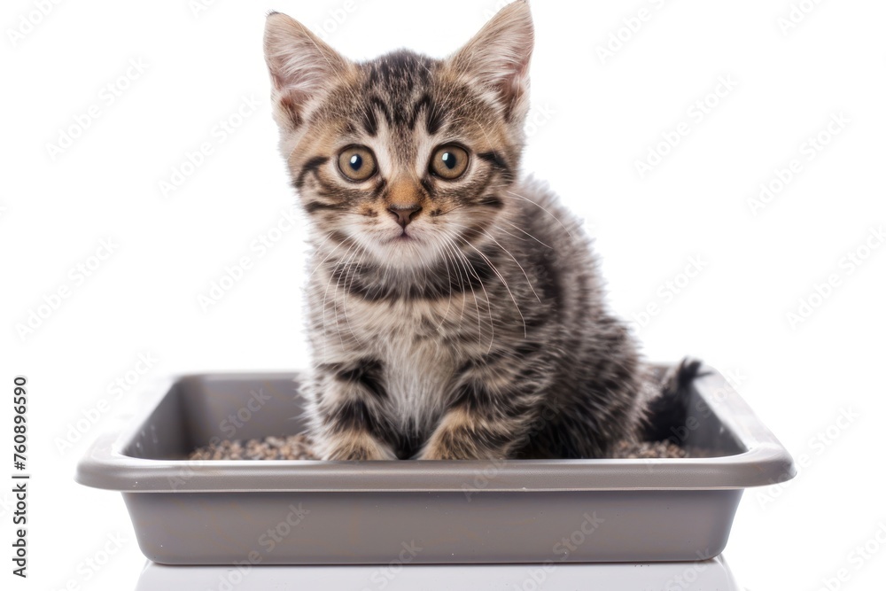 a little kitten sitting on the litter box isolated on solid white background a little kitten sitting on the litter box isolated on solid white background