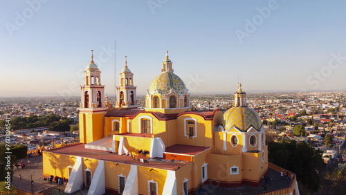 DRONE PHOTOGRAPH OF IGLESIA DEL CERRITO IN SAN ANDRES CHOLULA PUEBLA MEXICO