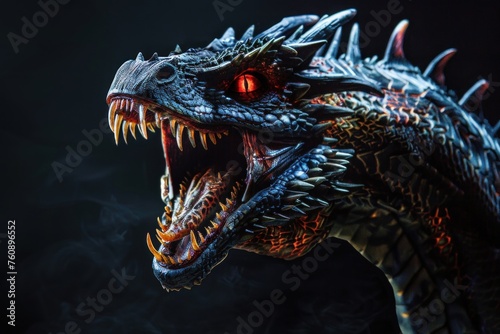 Angry dragon with open mouth with red eyes on a black background