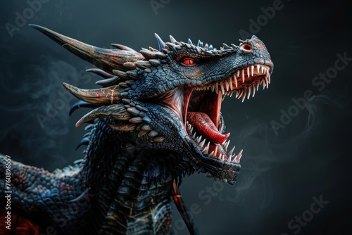 Angry dragon with open mouth with red eyes on a black background © Igor