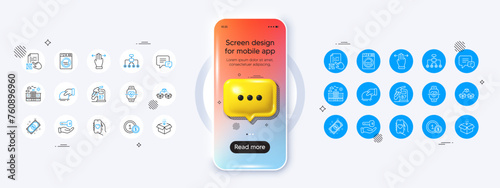 Phone mockup with 3d chat icon. Laundry, Parcel shipping and Qr code line icons. Pack of Hotel, Cardio training, Usd coins icon. Get box, Restructuring, Diesel station pictogram. Vector