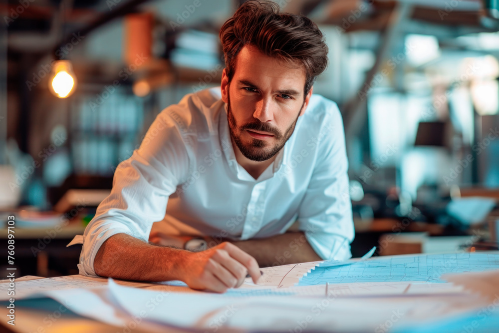 Concentrated professional Caucasian male engineer or designer drawing up final construction project as a guide for builders Concentrated professional Caucasian male engineer or designer drawing up final construction project as a guide for builders