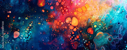 A vibrant painting bursting with a riot of colors, adorned with shimmering water droplets that add a dynamic and ethereal touch to the artwork. Banner. Copy space