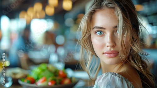 Woman Sitting at Table With Plate of Food