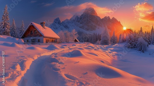 Snowy Mountain Scene With Pine Trees