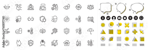 Set of Eye drops, Social distance and Face verified line icons for web app. Design elements, Social media icons. Thermometer, Organic tested, Medical vaccination icons. Vector