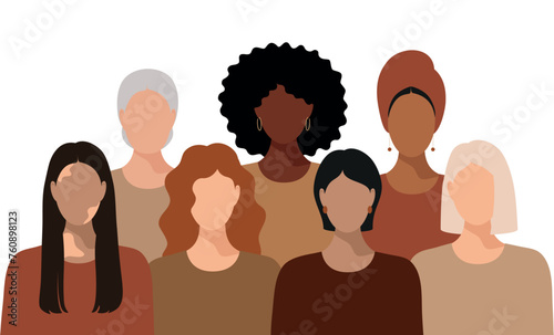 Banner on transparent background with girls, women with different skin color, hair, different nationality, March 8, International Women's Day. Inspiring inclusivity. Without background. Flat Vector Il
