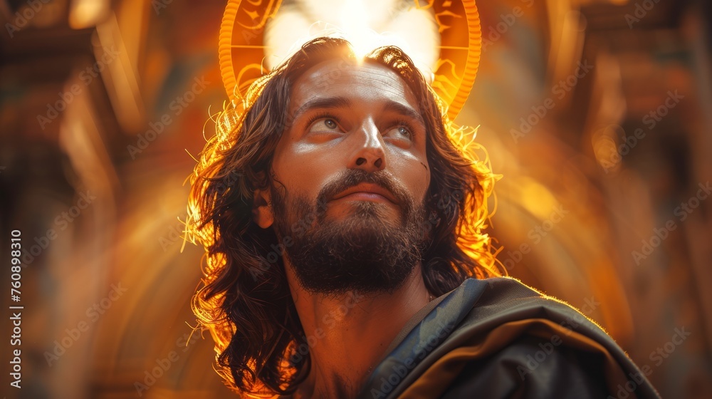 Jesus Christ with a halo of light. The Messiah radiating hope and divinity. Concept of Christian faith, Easter, resurrection, religious, spirituality, beliefs, Savior, divine presence